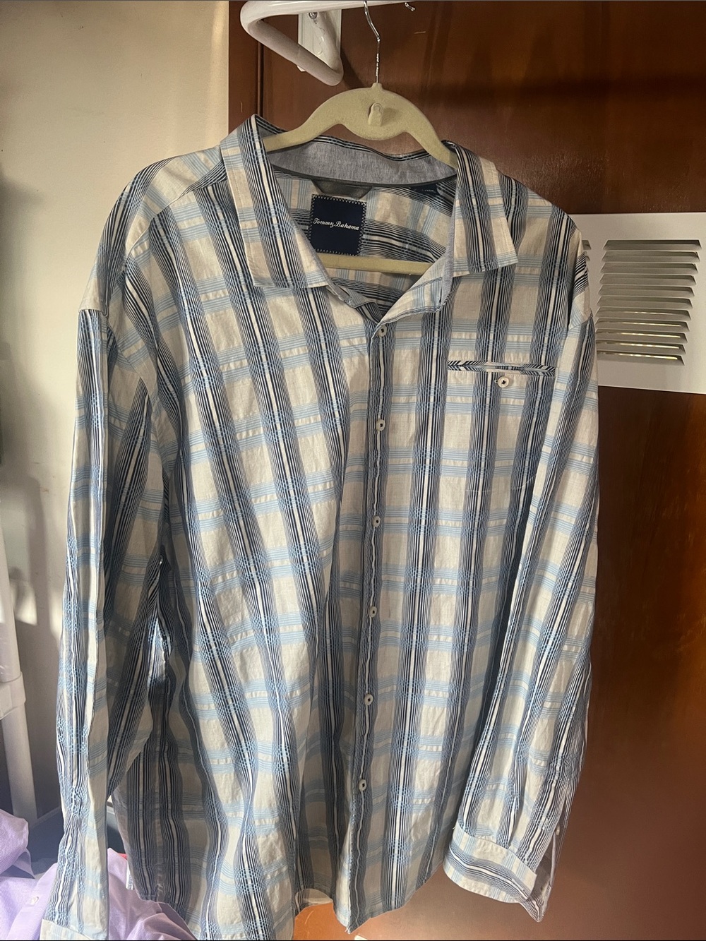 Tommy Bahama Light Blue and White Striped Plaid Button-Down Shirt